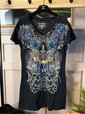 VTG Y2K Brad Butter T Shirt Top V Neck Graphic Wings Front Back Rhinestone L